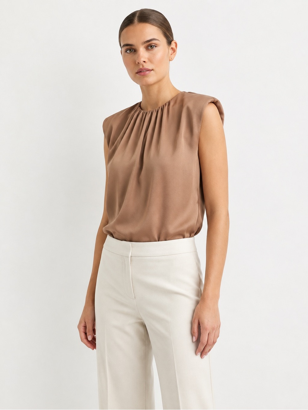 H&M Satin Sleeveless Shoulder Pad Gathered Neck Camisole in Brown